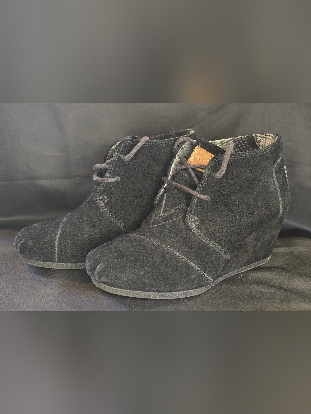 TOMS Black Suede Desert Wedge Lace Up Ankle Booties